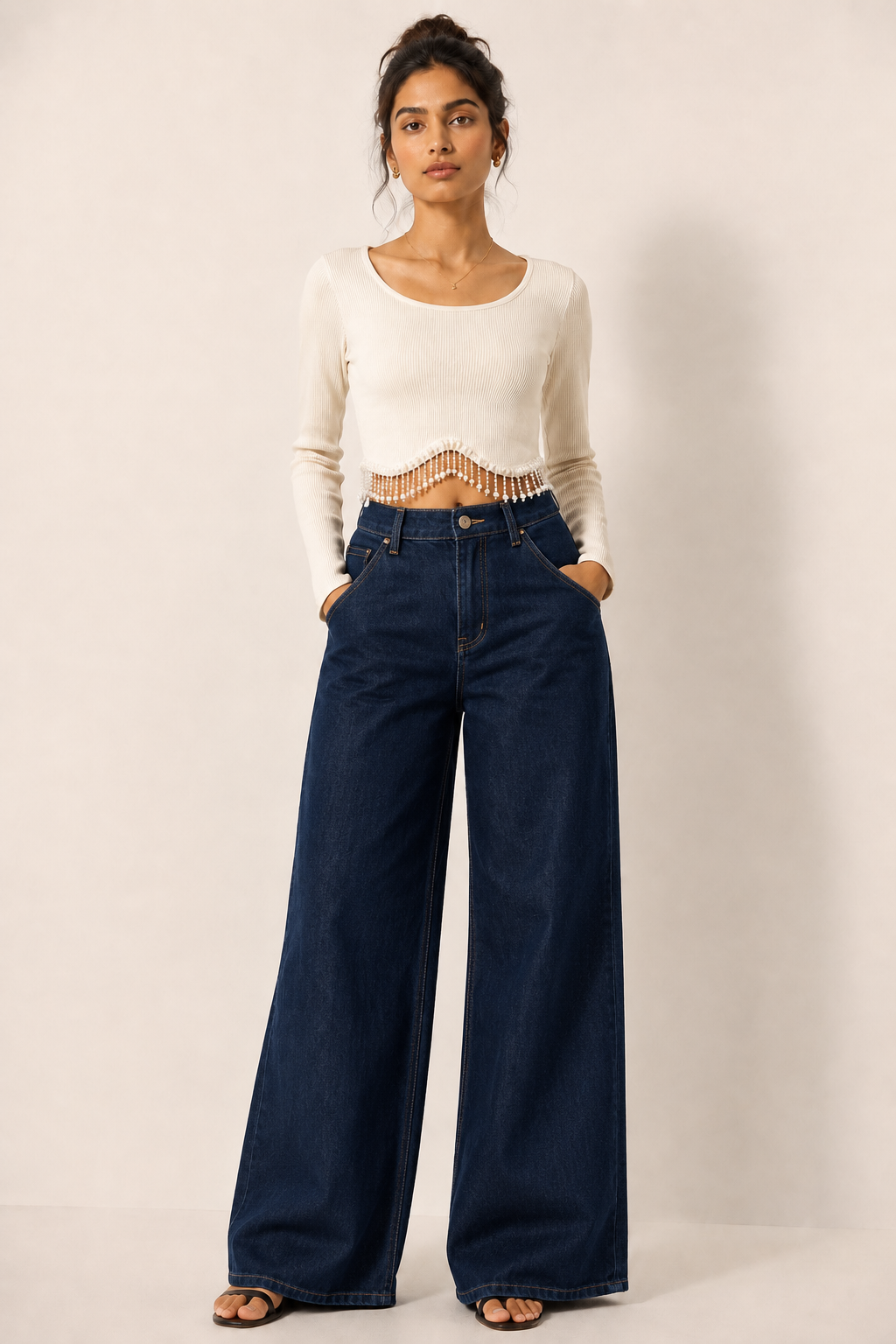 Cream Ribbed Pearl Fringe Crop Top