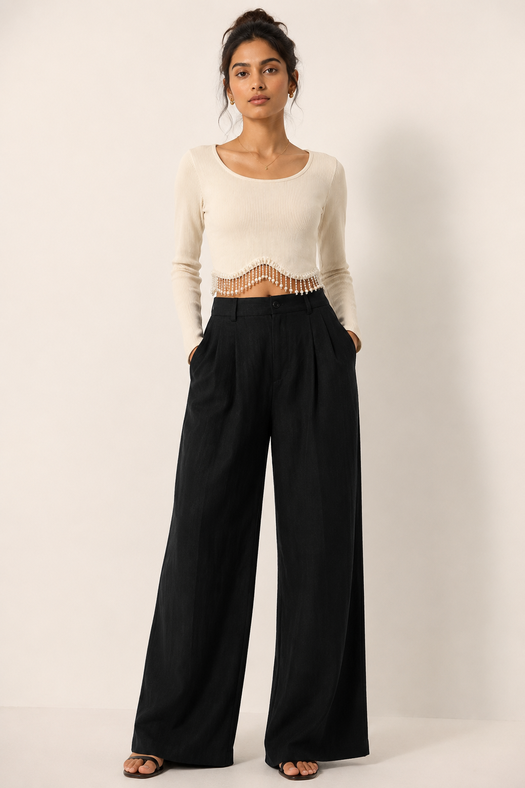 Cream Ribbed Pearl Fringe Crop Top
