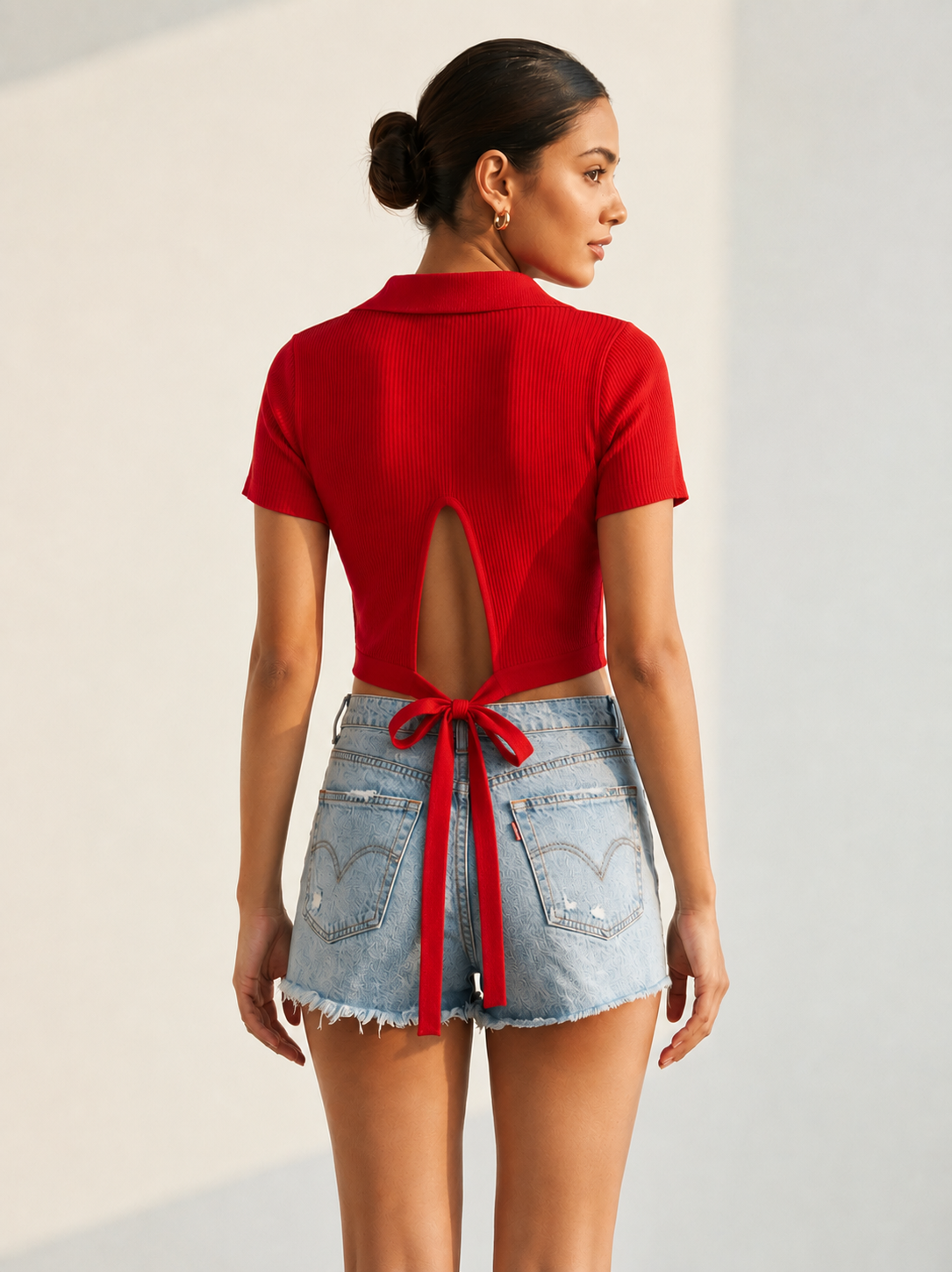 Red Ribbed Open-Back Crop Top