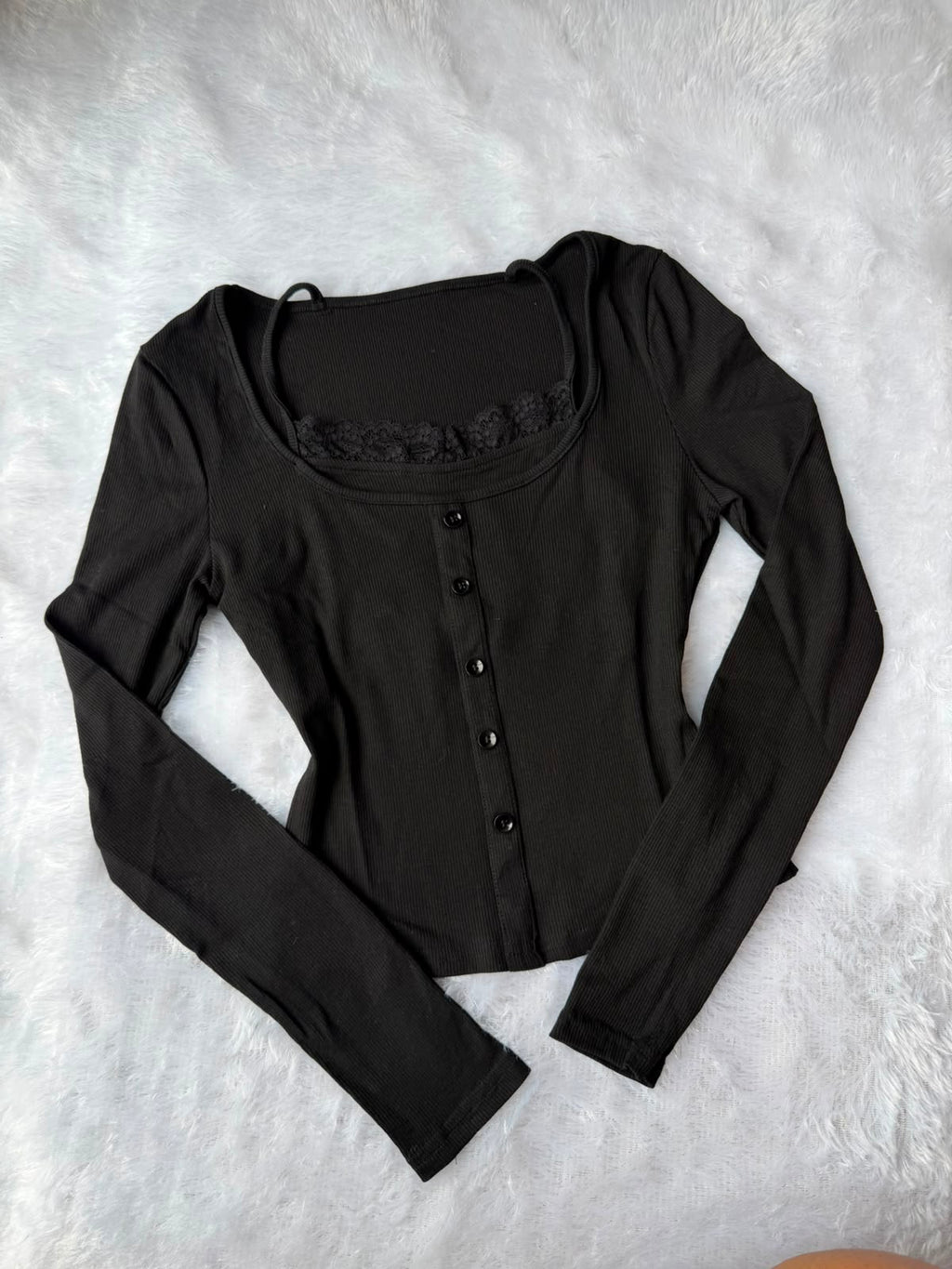 Black Lace-Trim Button Top