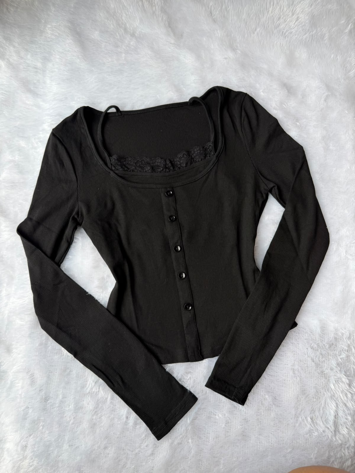 Black Lace-Trim Button Top