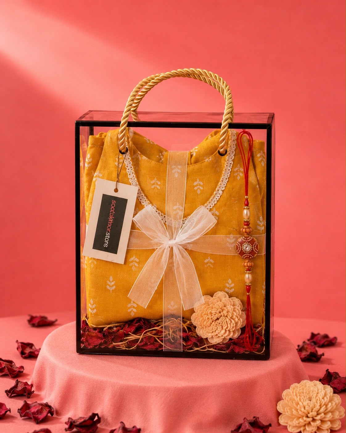 Mustard Yellow Tie-Strap Kurti Rakhi Gift Hamper