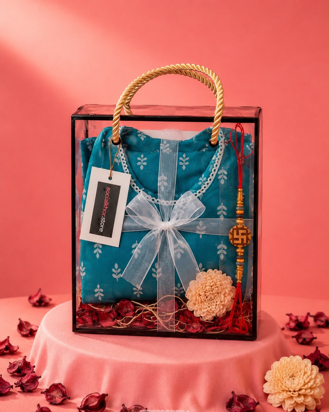 Teal Blue Tie-Strap Kurti Rakhi Gift Hamper