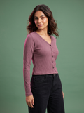 Mauve V-neck button-front ribbed top, front view