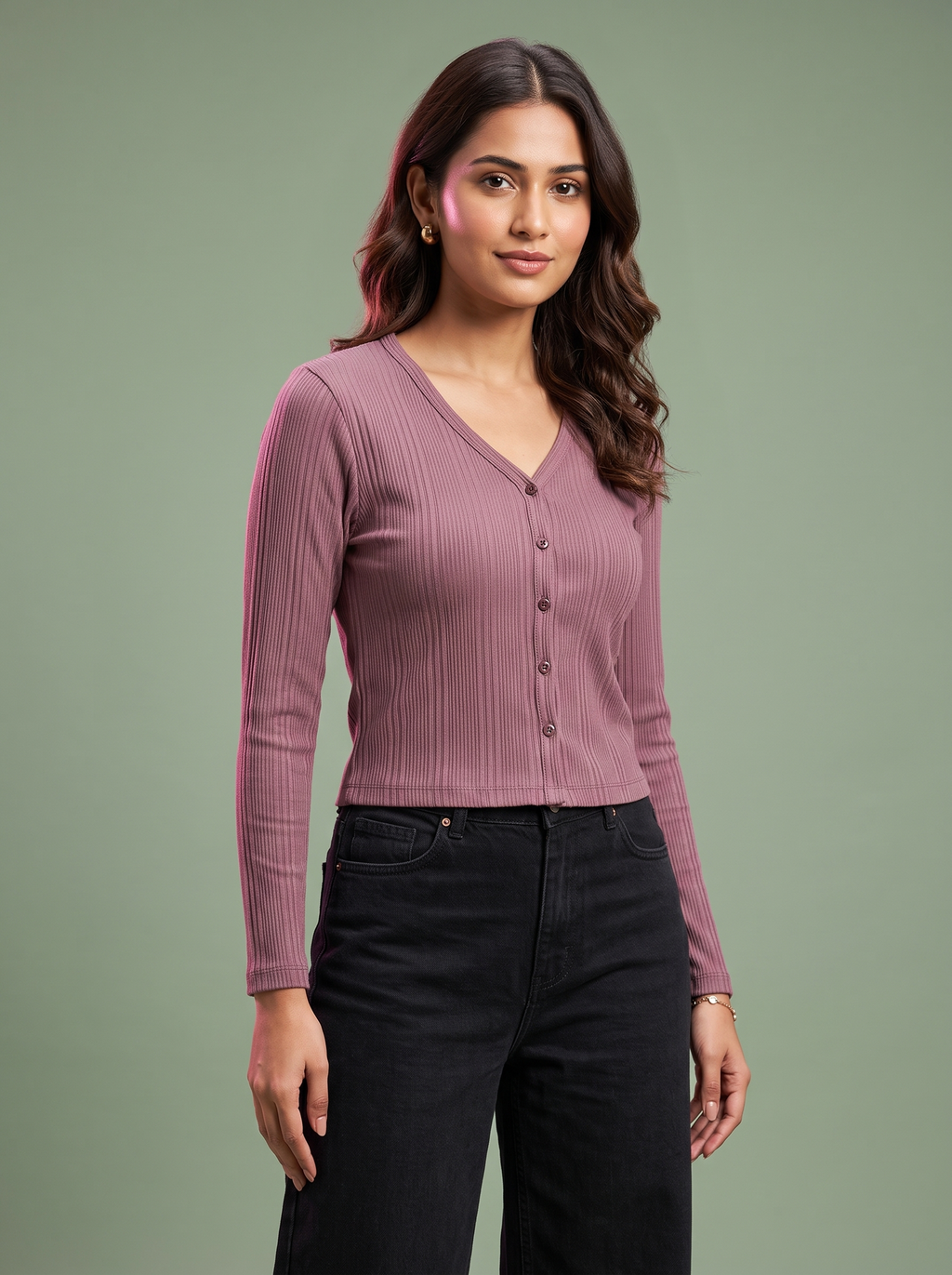 Mauve V-neck button-front ribbed top, alternate angle