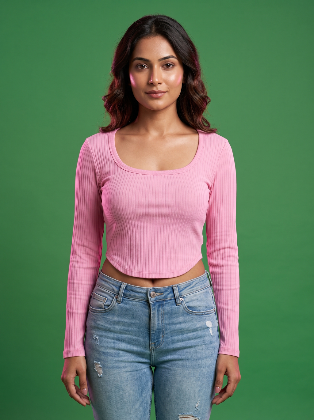 Pink ribbed scoop-neck top, front view