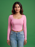 Pink ribbed scoop-neck top, front view