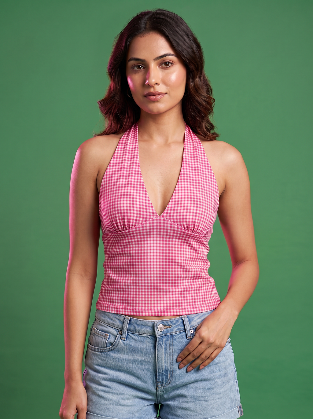 Pink gingham halter top, front view