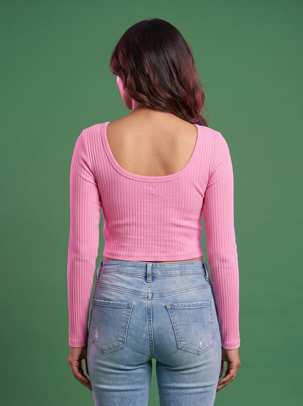 Pink ribbed scoop-neck top, back view