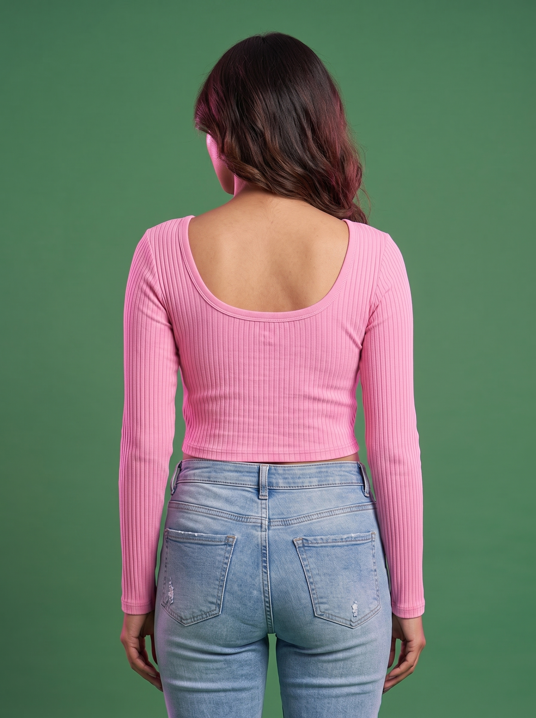 Pink ribbed scoop-neck top, back view