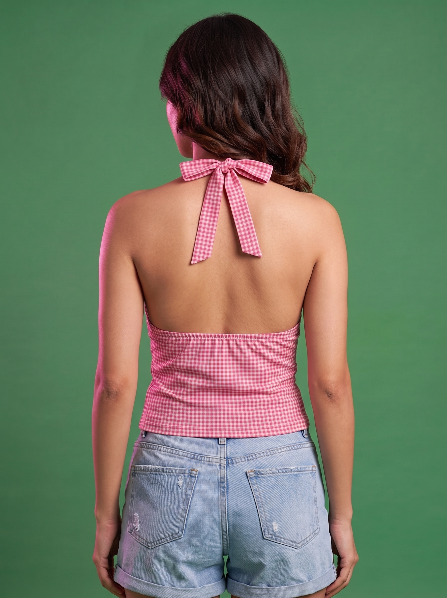 Pink gingham halter top, back view