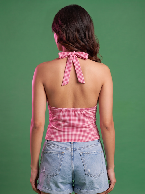 Pink gingham halter top, back view