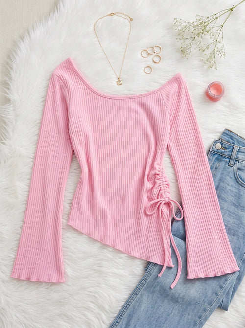 Blush Ruched Off-Shoulder Top back view