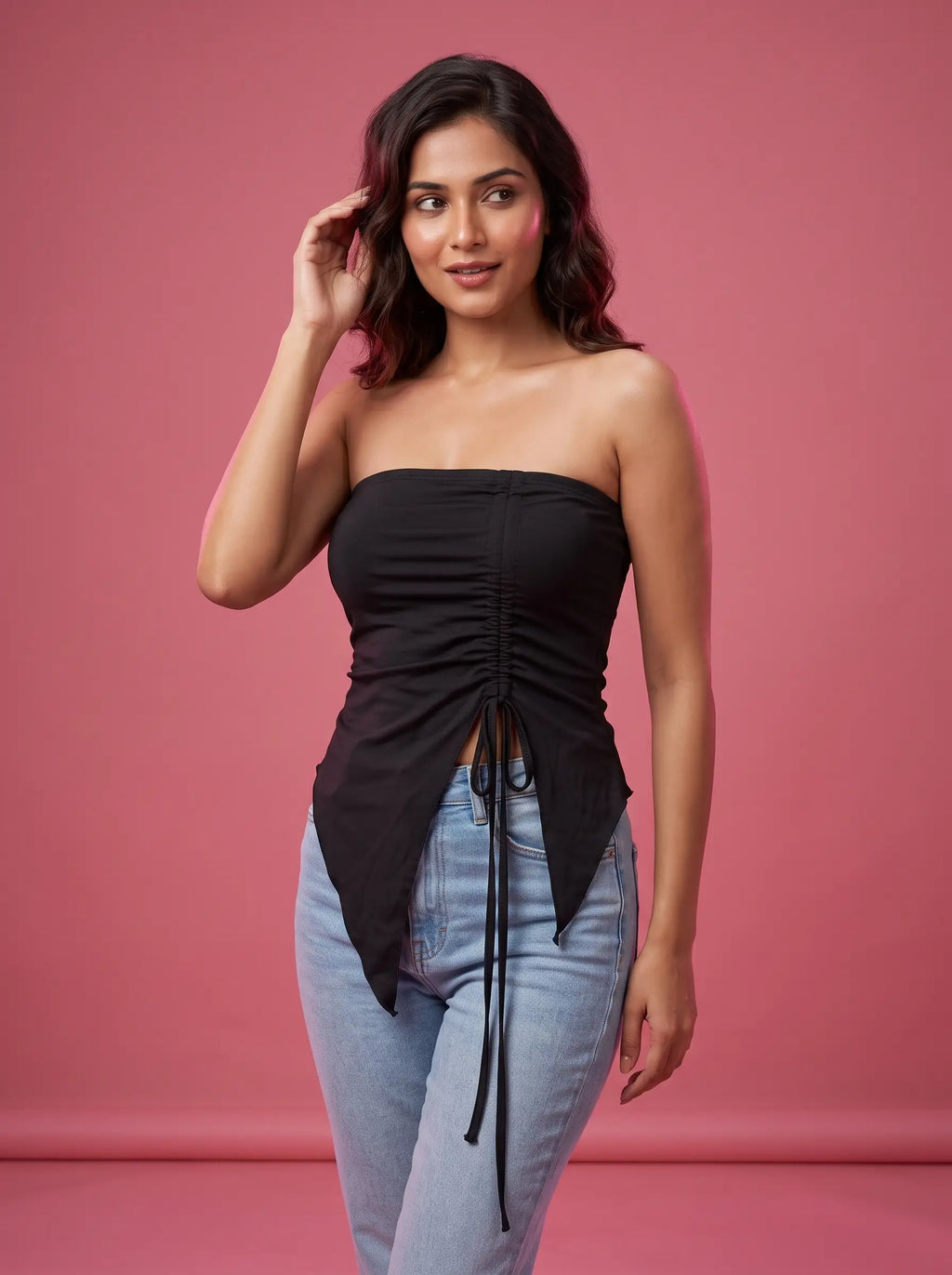 Noir Ruched Tube Top seated pose