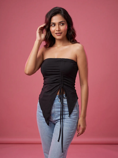 Noir Ruched Tube Top seated pose