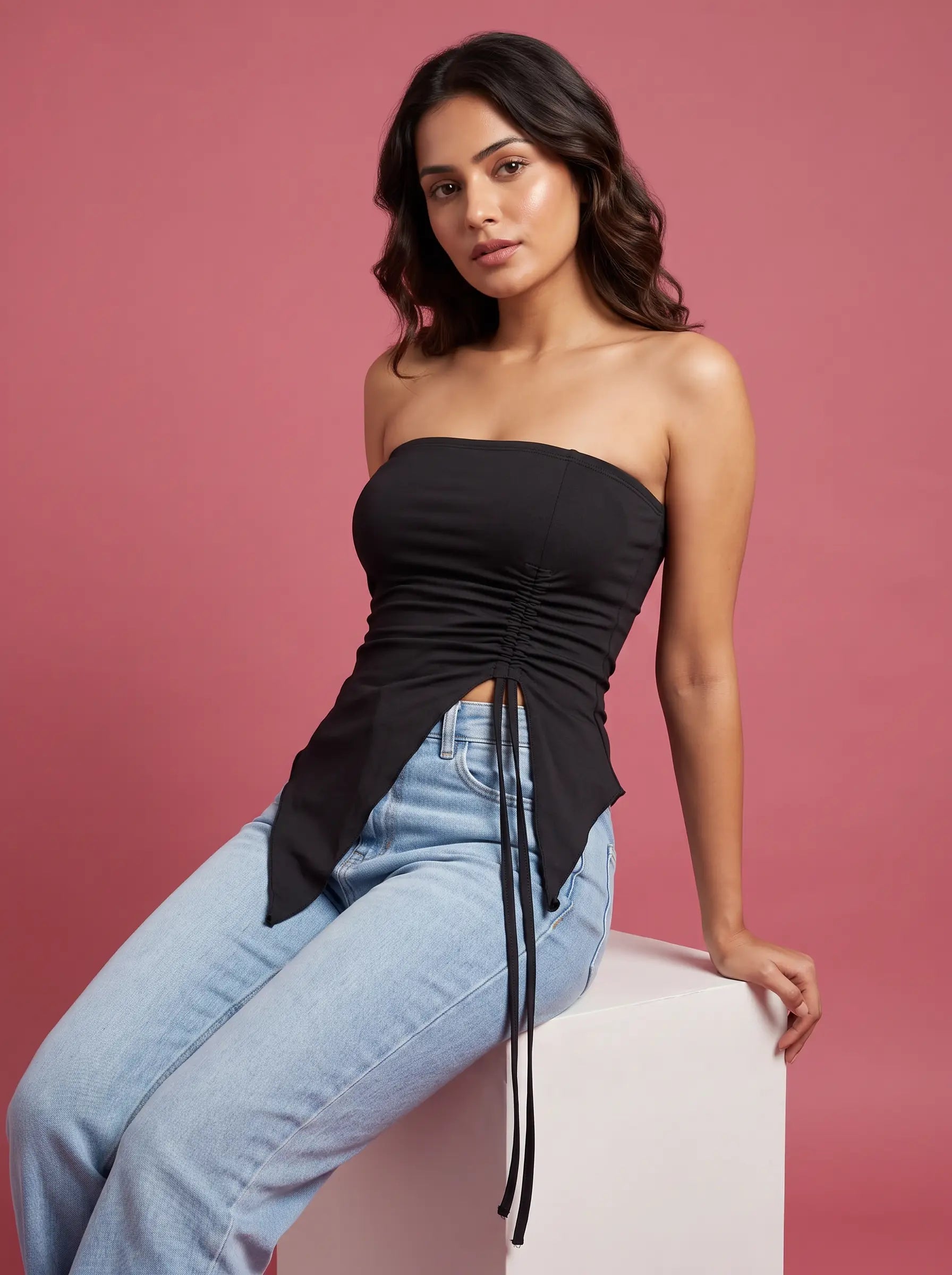 Noir Ruched Tube Top front view