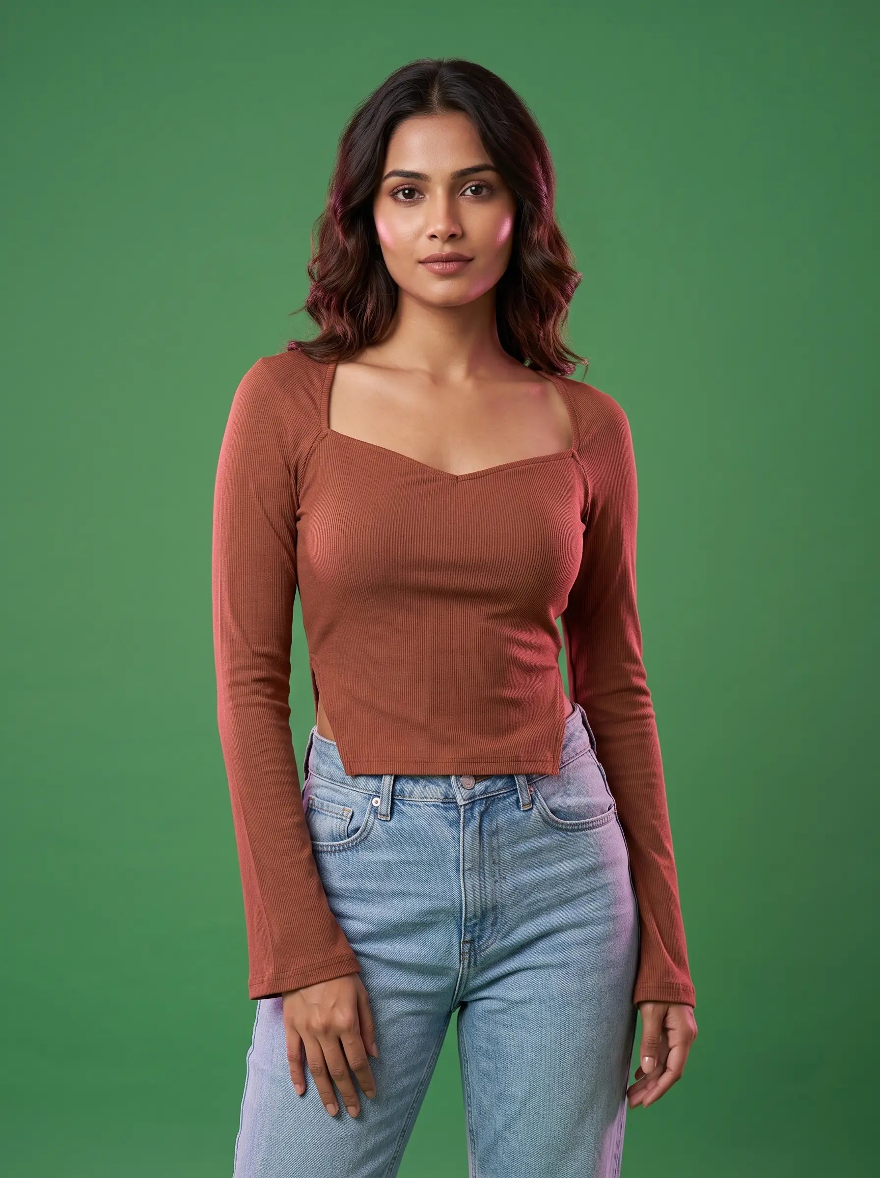 Rust Sweetheart Ribbed Top front view green backdrop