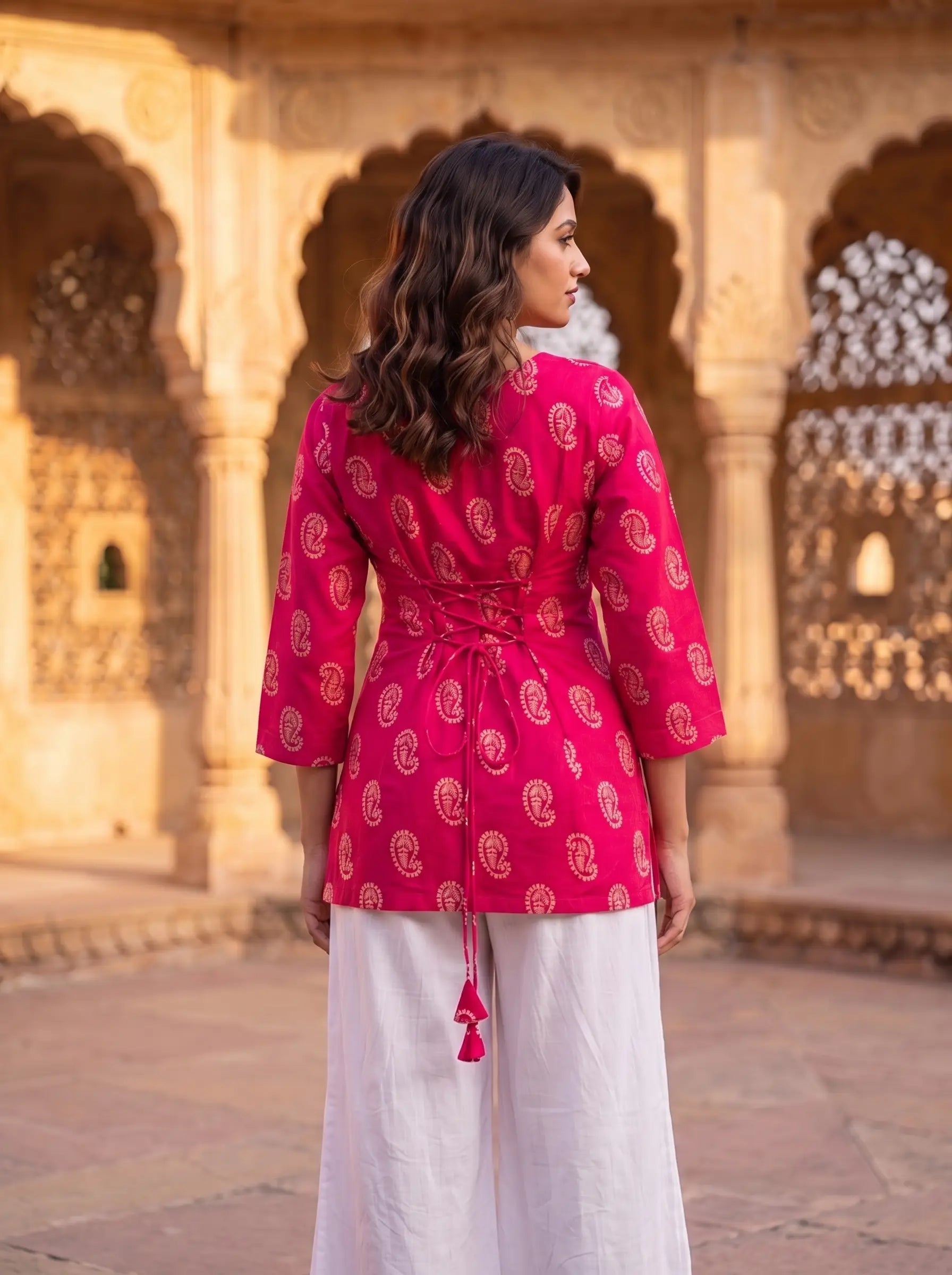Rani Pink Paisley Block-Print Tie-Back Kurti