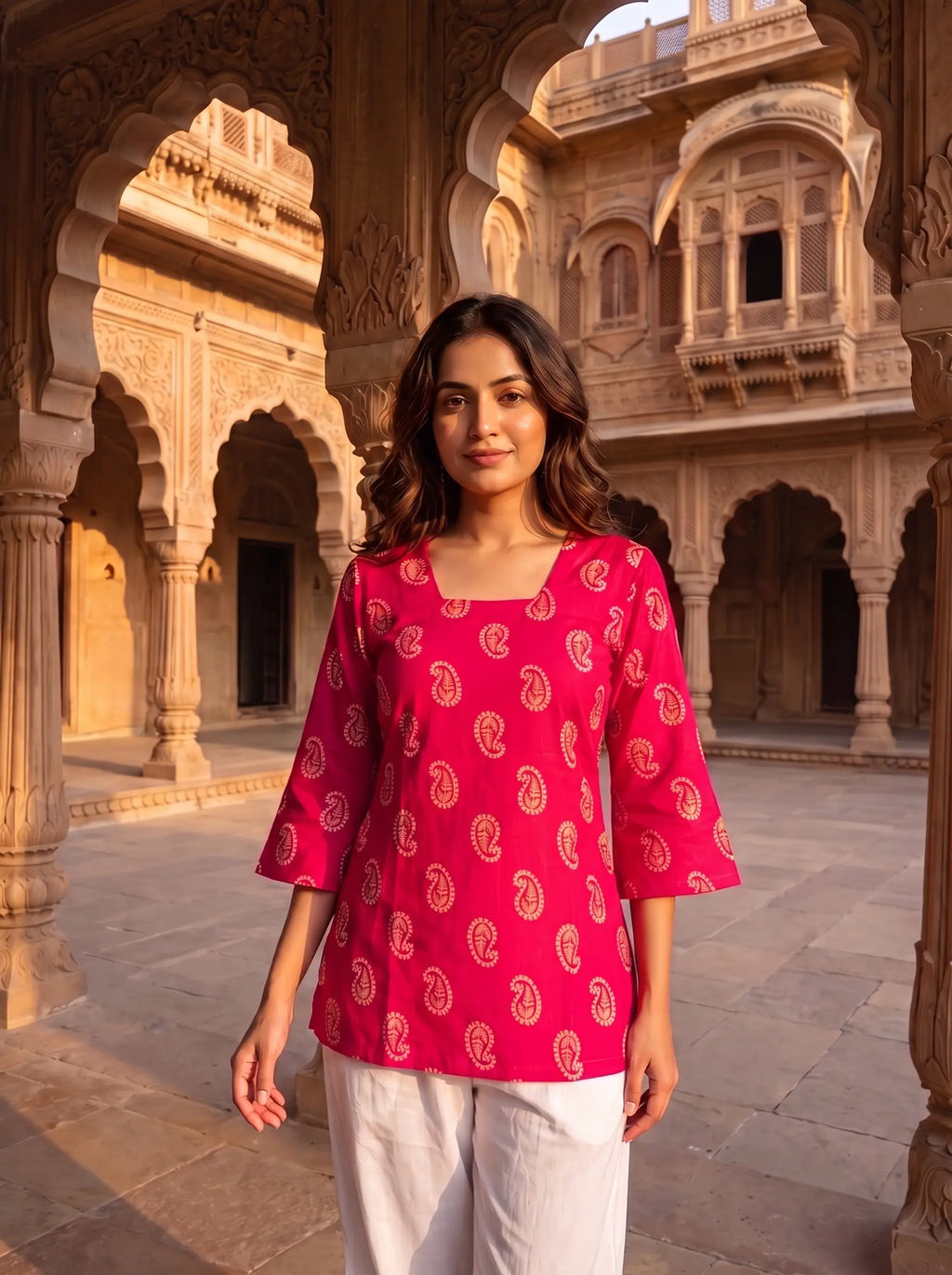 Rani Pink Paisley Block-Print Tie-Back Kurti