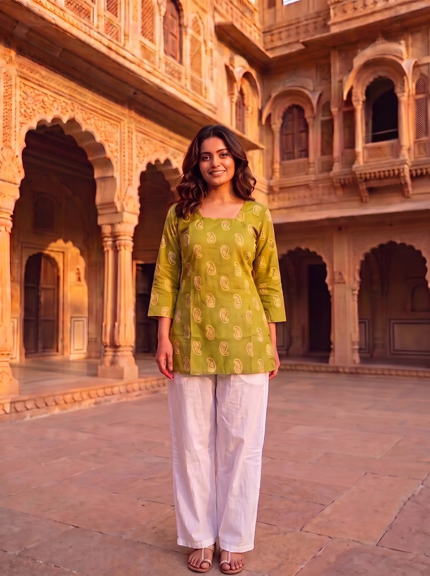 Mehendi Green Paisley Block-Print Tie-Back Kurti