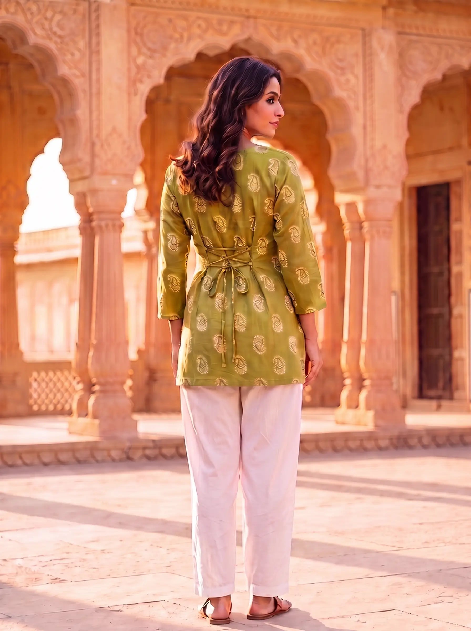 Mehendi Green Paisley Block-Print Tie-Back Kurti