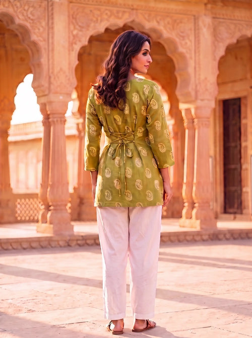 Mehendi Green Paisley Block-Print Tie-Back Kurti