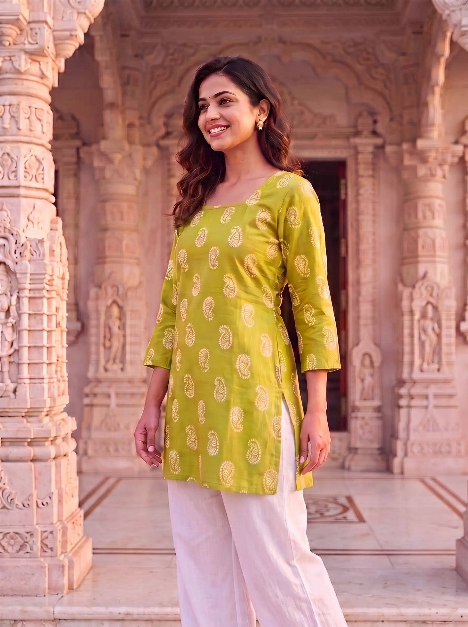 Mehendi Green Paisley Block-Print Tie-Back Kurti