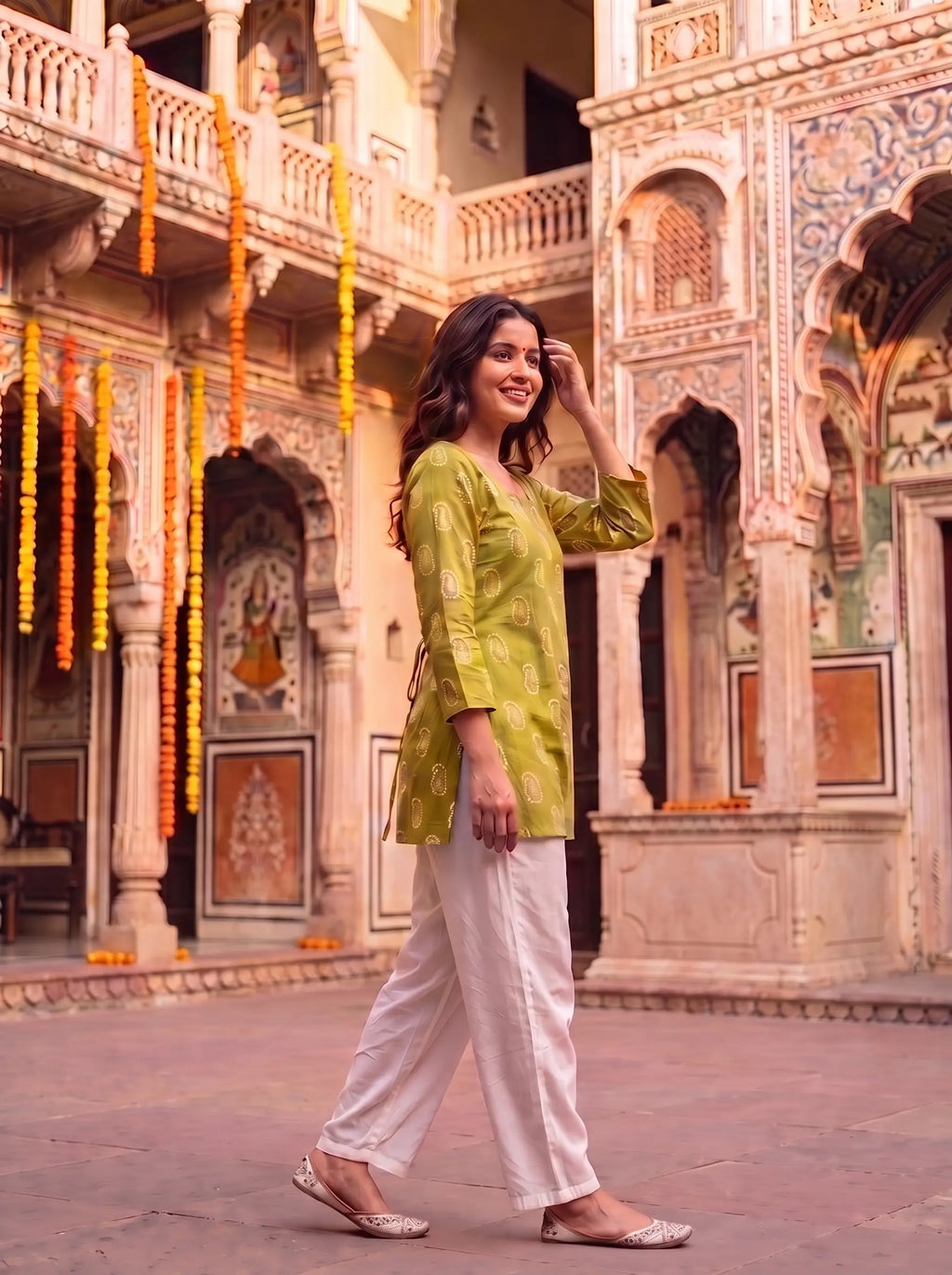 Mehendi Green Paisley Block-Print Tie-Back Kurti