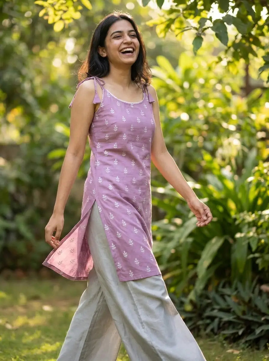 Lavender Sprig Print Tie-Shoulder Kurti