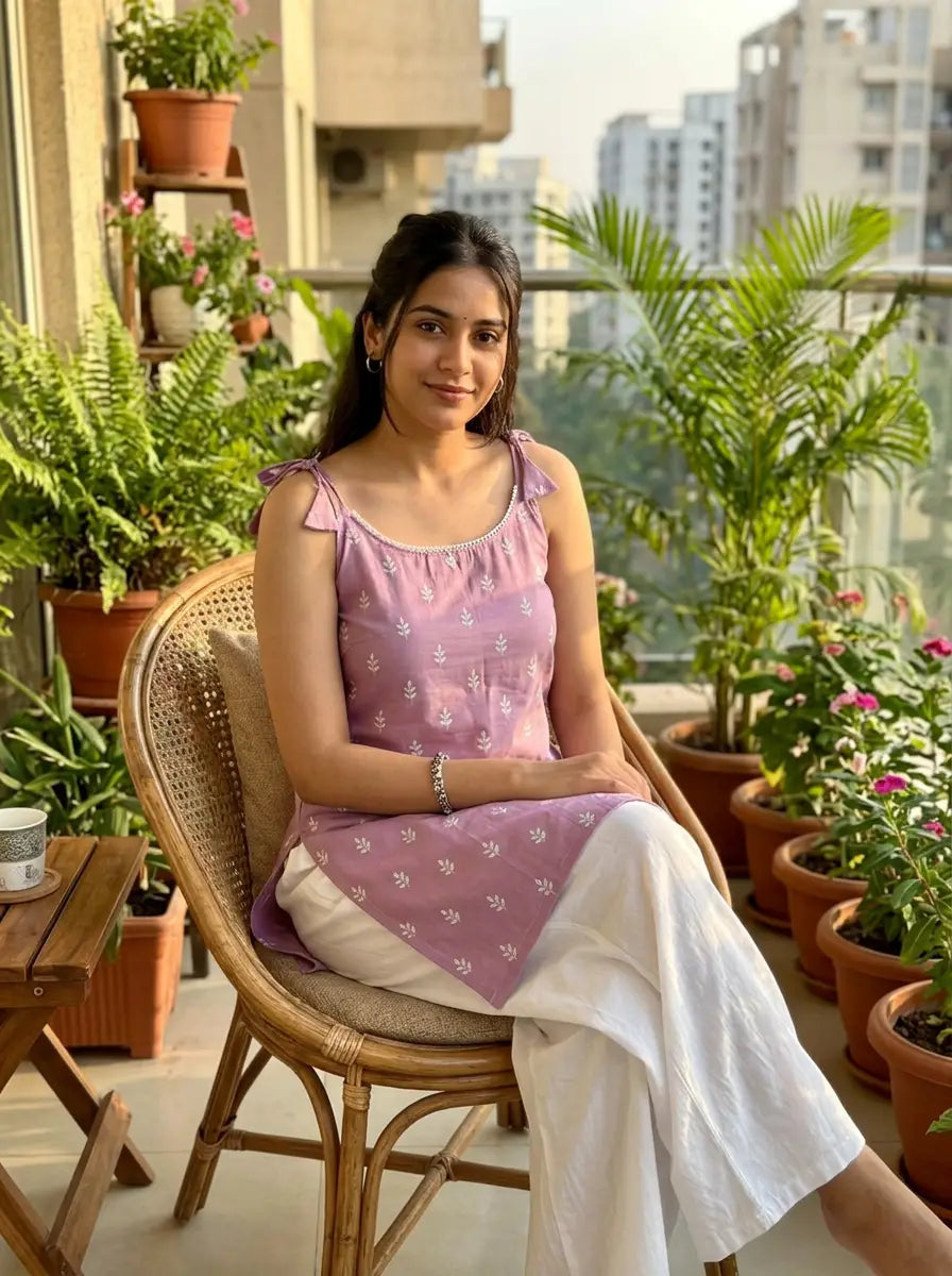 Lavender Sprig Print Tie-Shoulder Kurti