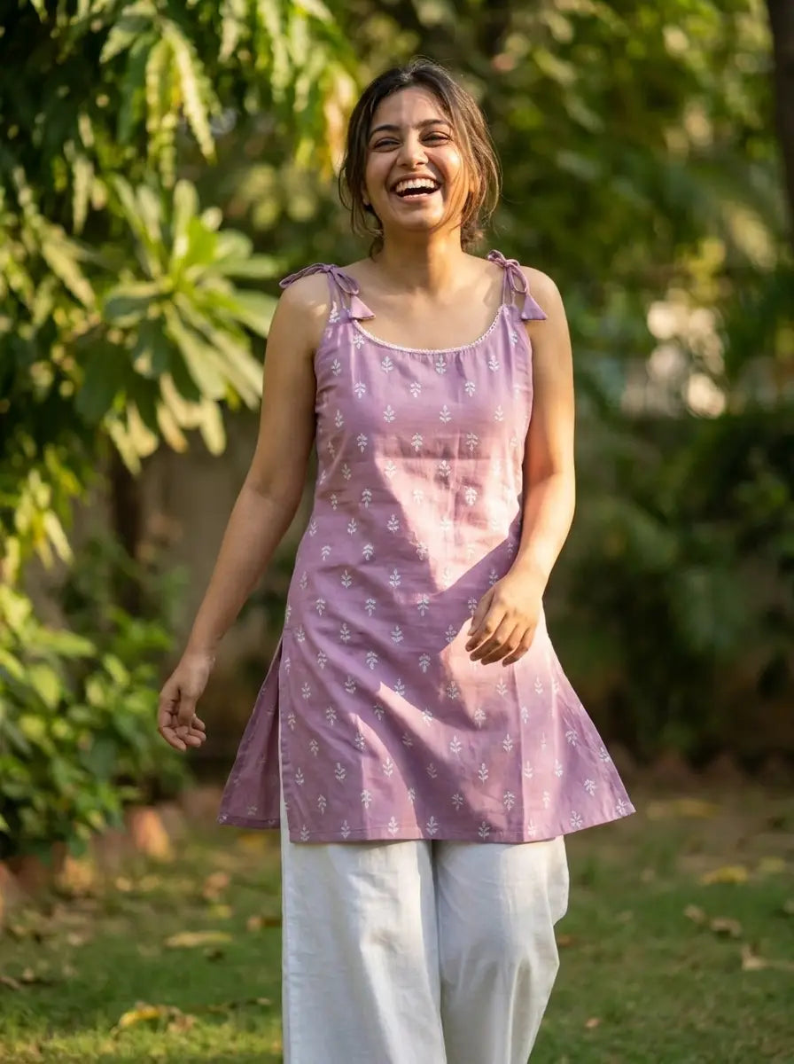 Lavender Sprig Print Tie-Shoulder Kurti