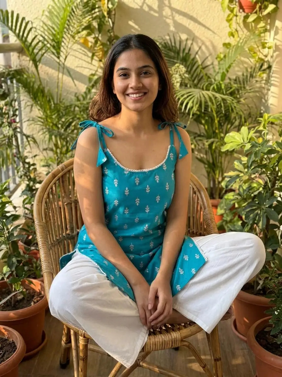 Teal Sprig Print Tie-Shoulder Kurti