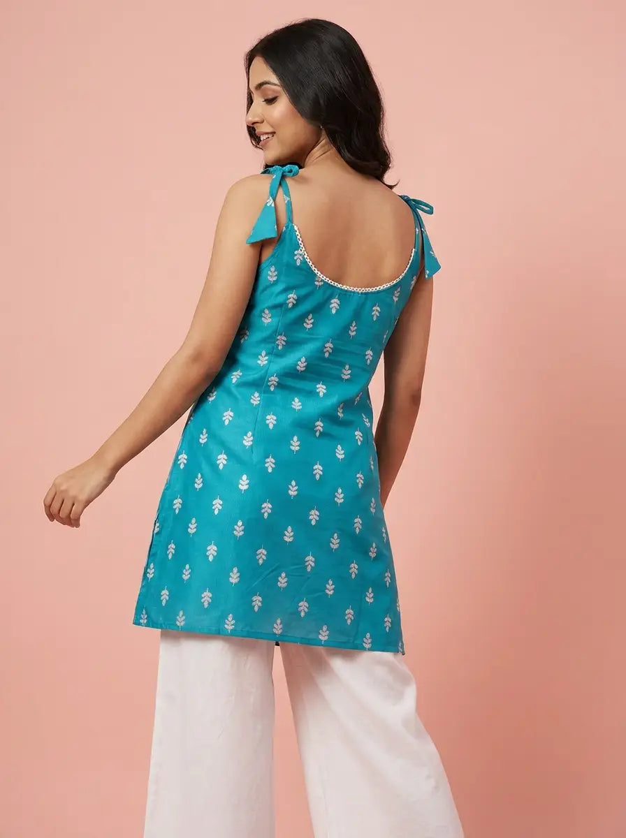 Teal Sprig Print Tie-Shoulder Kurti