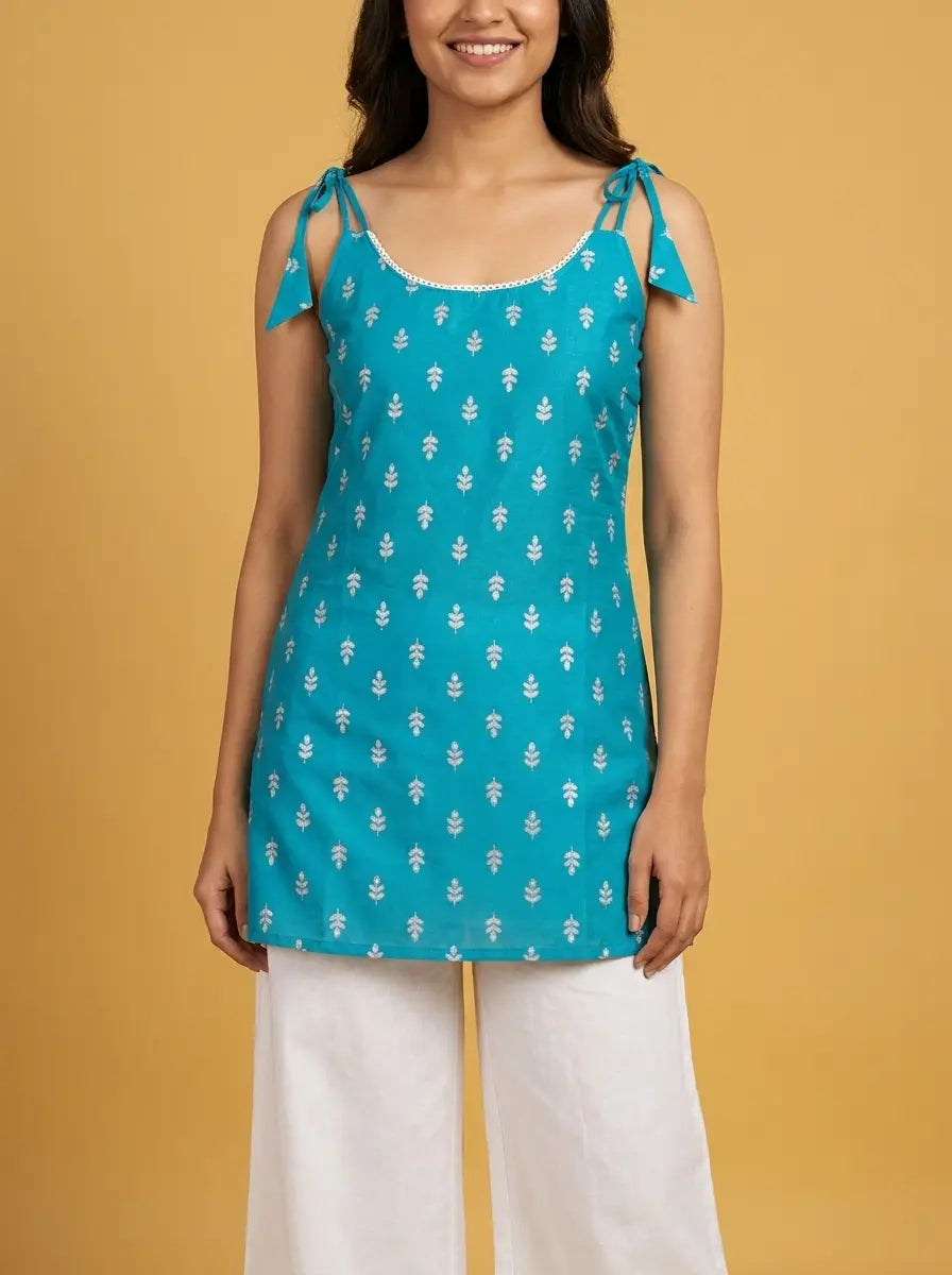 Teal Sprig Print Tie-Shoulder Kurti
