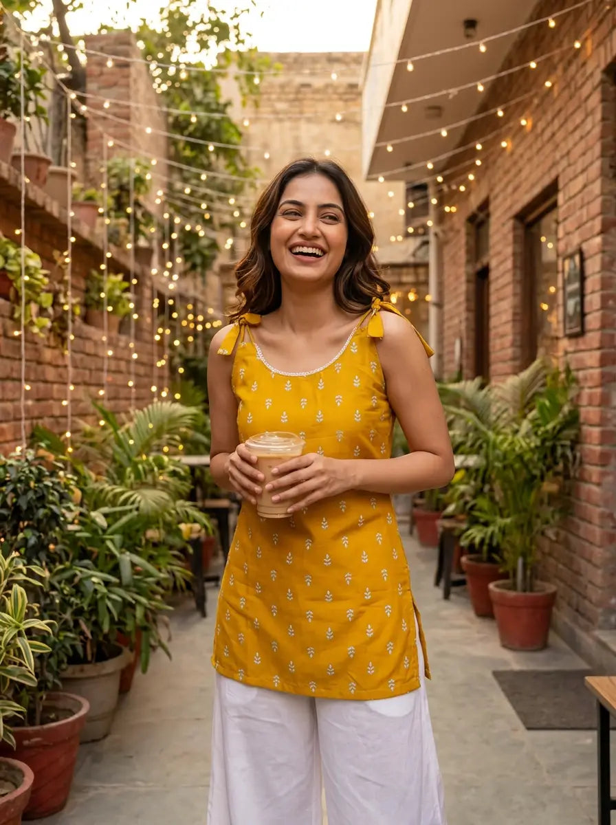 Mustard Yellow Sprig Print Tie-Shoulder Kurti