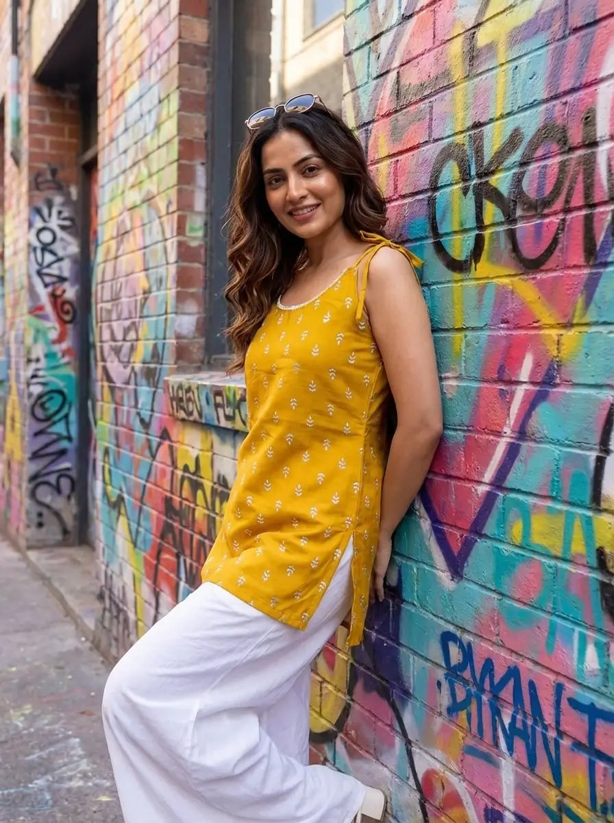 Mustard Yellow Sprig Print Tie-Shoulder Kurti