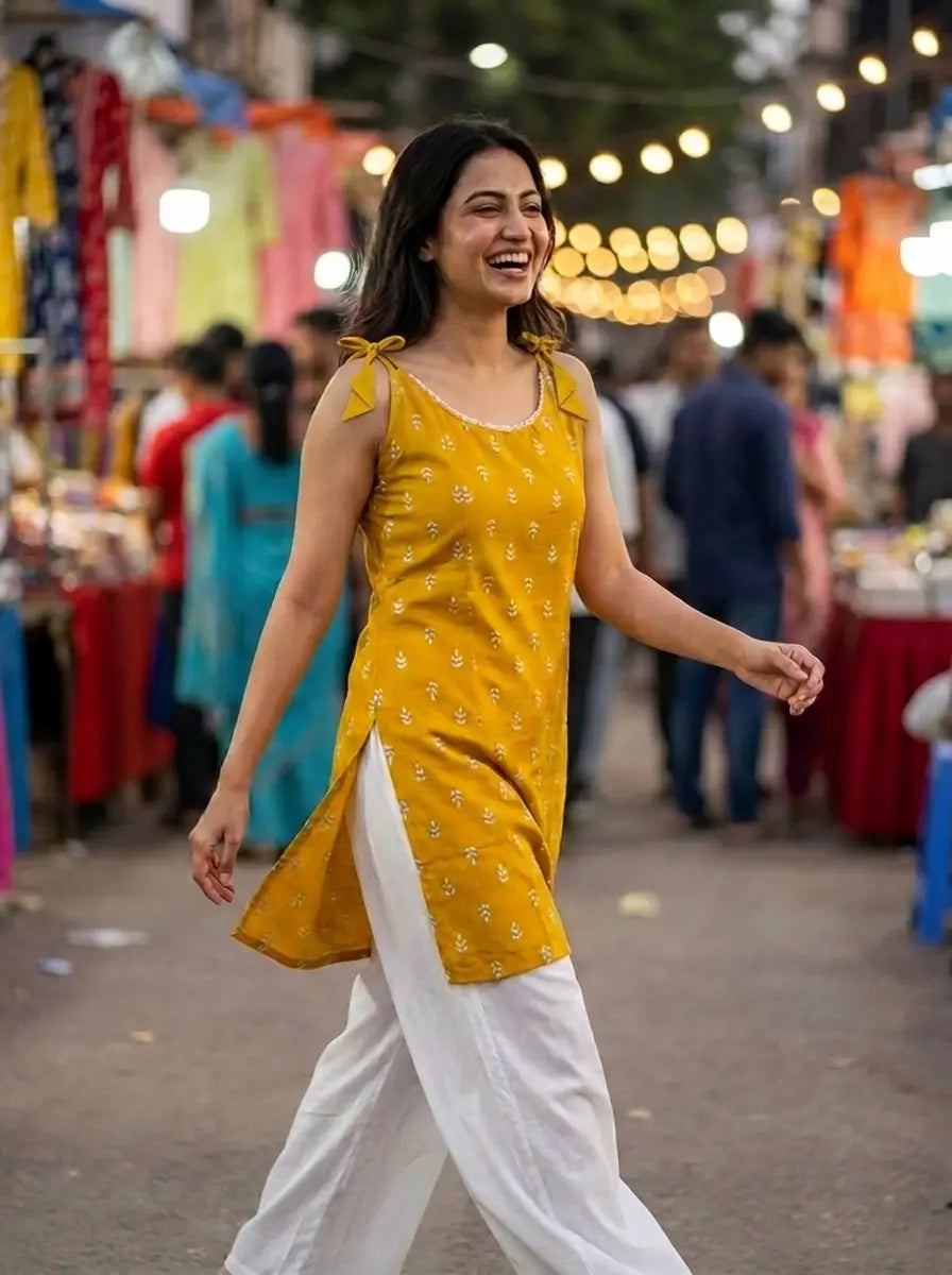 Mustard Yellow Sprig Print Tie-Shoulder Kurti