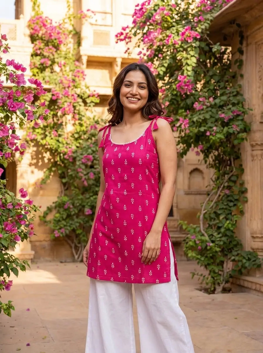 Fuchsia Pink Tie-Shoulder Kurti