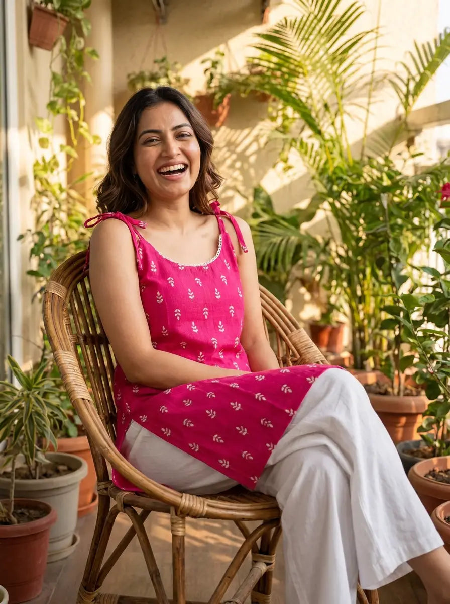 Fuchsia Pink Tie-Shoulder Kurti