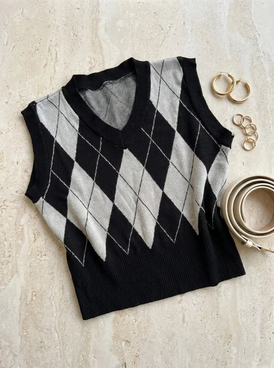 Black & White Argyle Sweater Vest