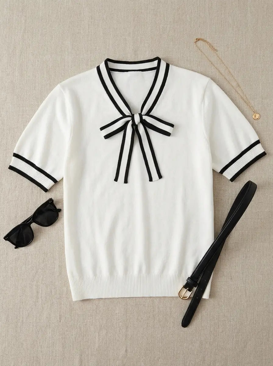 Formal White Contrast Stripe Bow-Tie Knit Top
