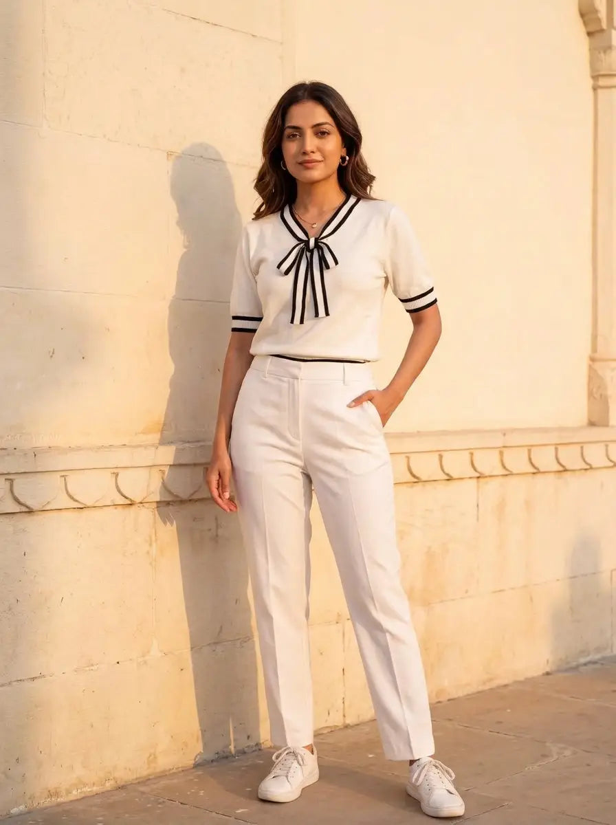 Formal White Contrast Stripe Bow-Tie Knit Top