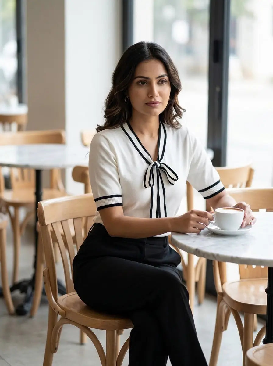 Formal White Contrast Stripe Bow-Tie Knit Top