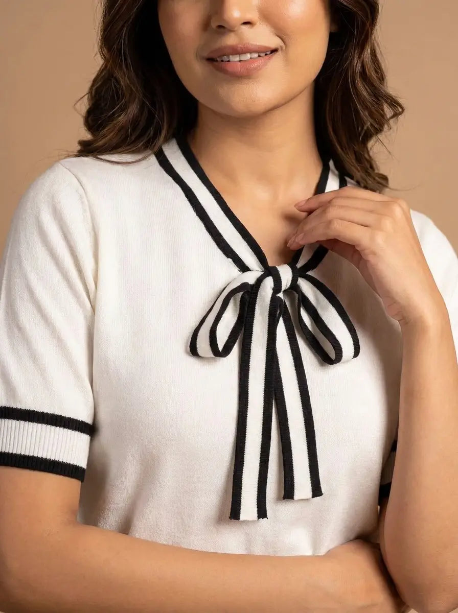 Formal White Contrast Stripe Bow-Tie Knit Top