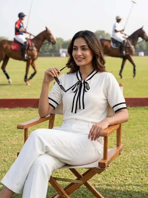 Formal White Contrast Stripe Bow-Tie Knit Top