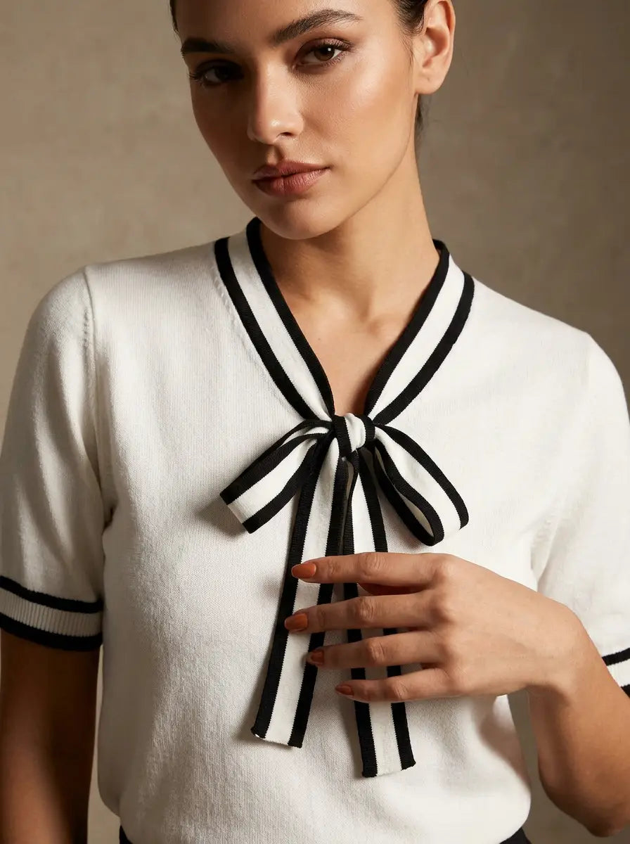 Formal White Contrast Stripe Bow-Tie Knit Top