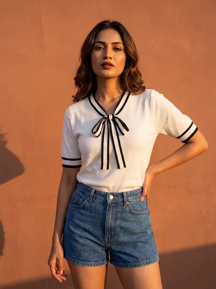 Formal White Contrast Stripe Bow-Tie Knit Top