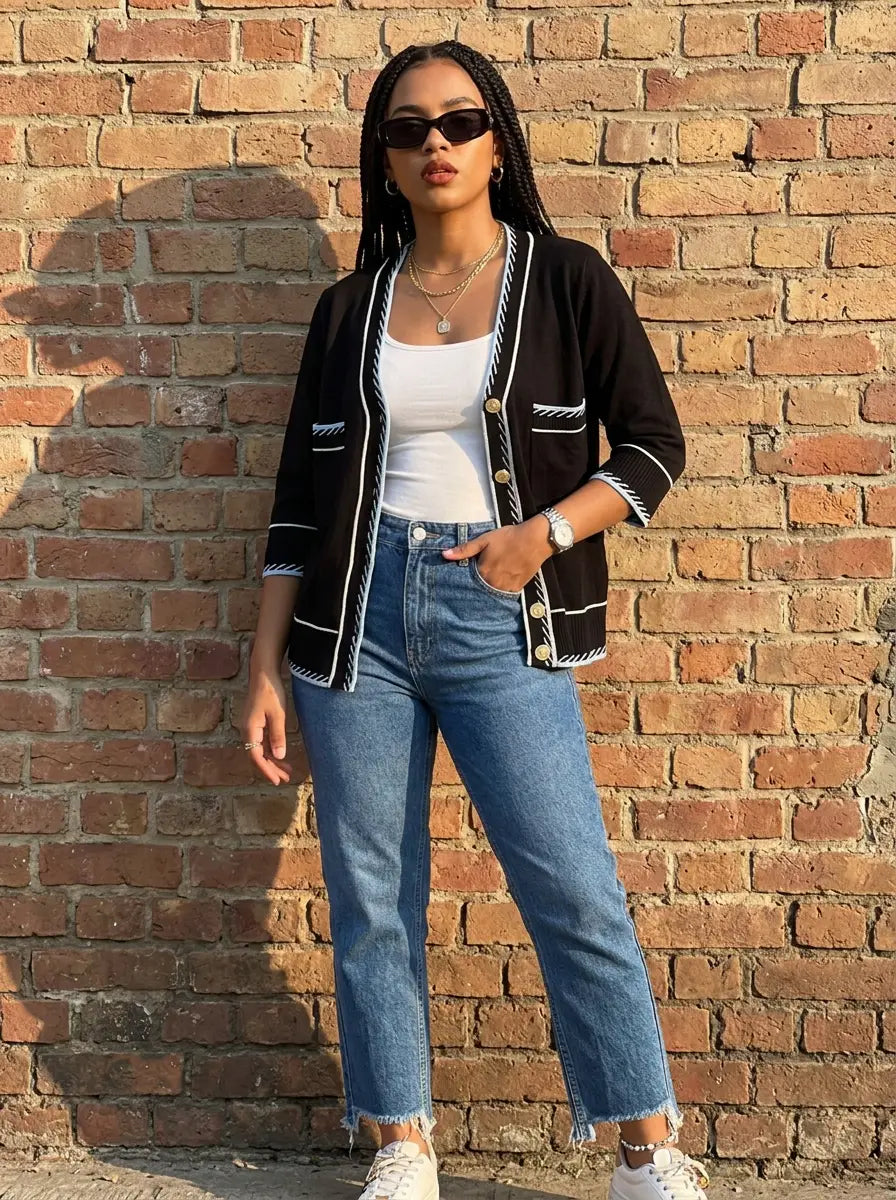 Black Contrast-Trim Cardigan