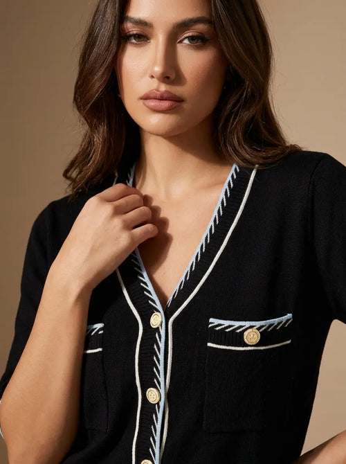 Black Contrast-Trim Cardigan