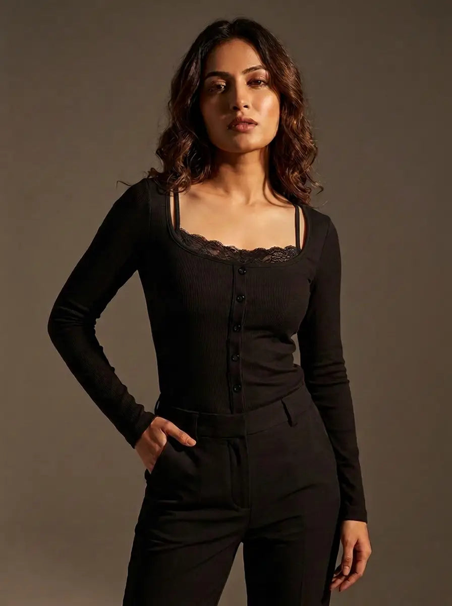 Black Lace-Trim Button Top